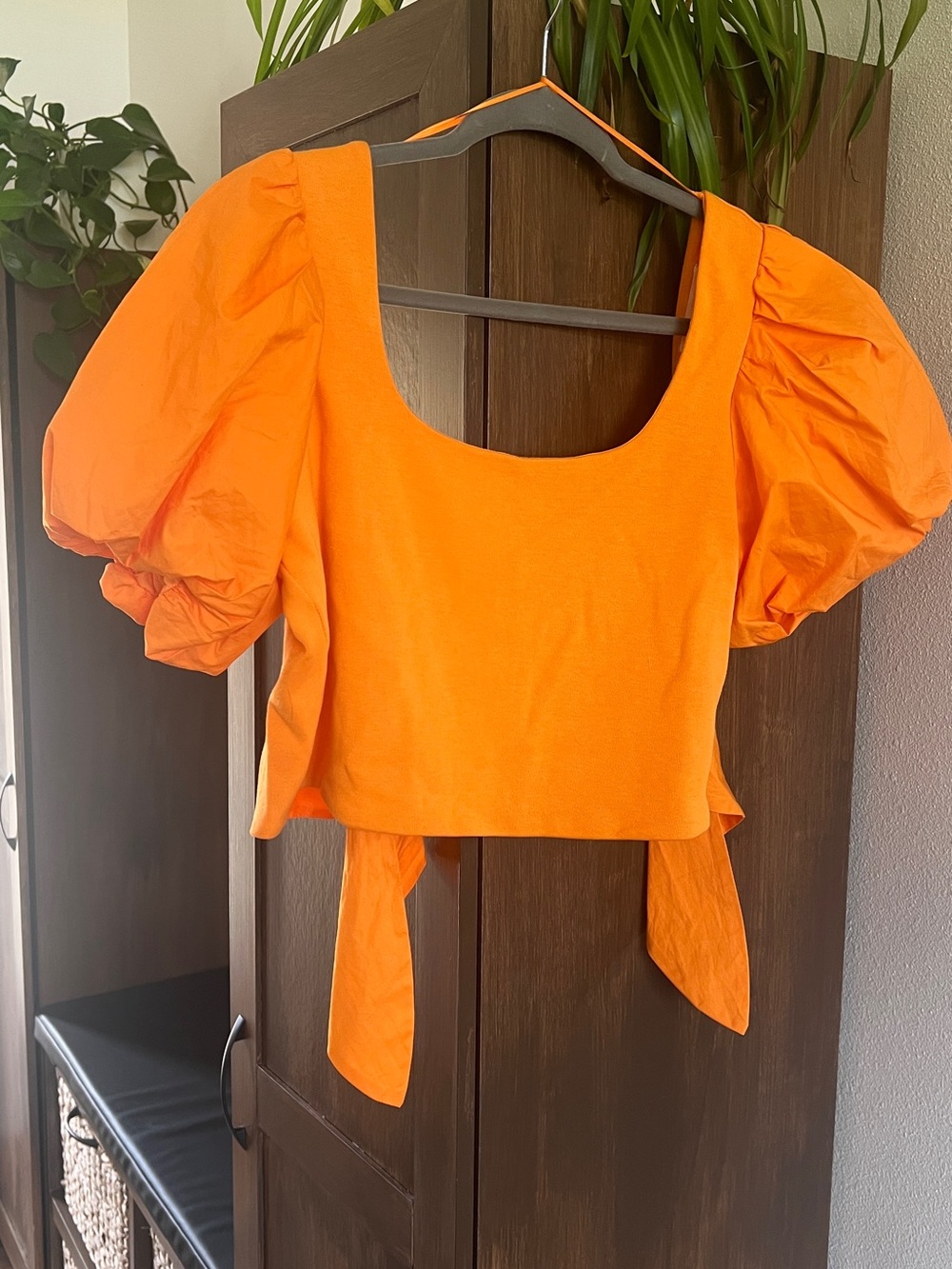 Anthropologie Bright Orangey Yellow Puff-Sleeve Tie-Back Crop Top small